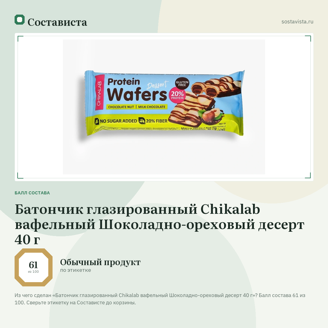 Батончик глазированный Chikalab вафельный Шоколадно-ореховый десерт 40 г: балл состава 61 из 100 — Состависта