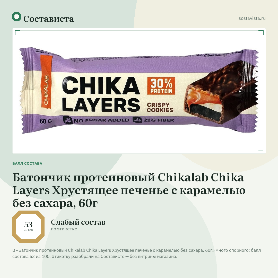 Батончик протеиновый Chikalab Chika Layers Хрустящее печенье с карамелью без сахара, 60г: балл состава 53 из 100 — Состависта