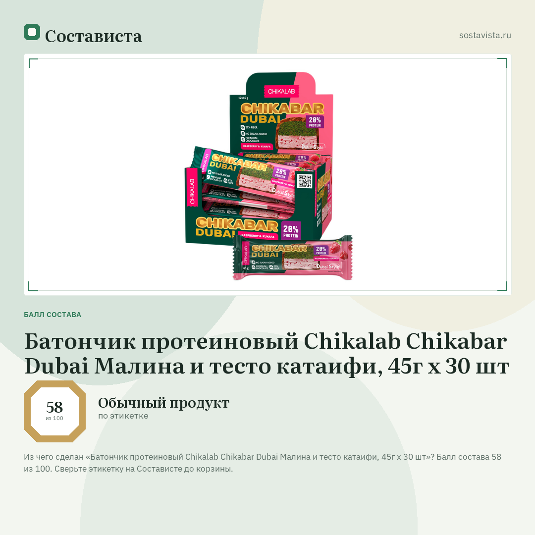 Батончик протеиновый Chikalab Chikabar Dubai Малина и тесто катаифи, 45г x 30 шт: балл состава 58 из 100 — Состависта