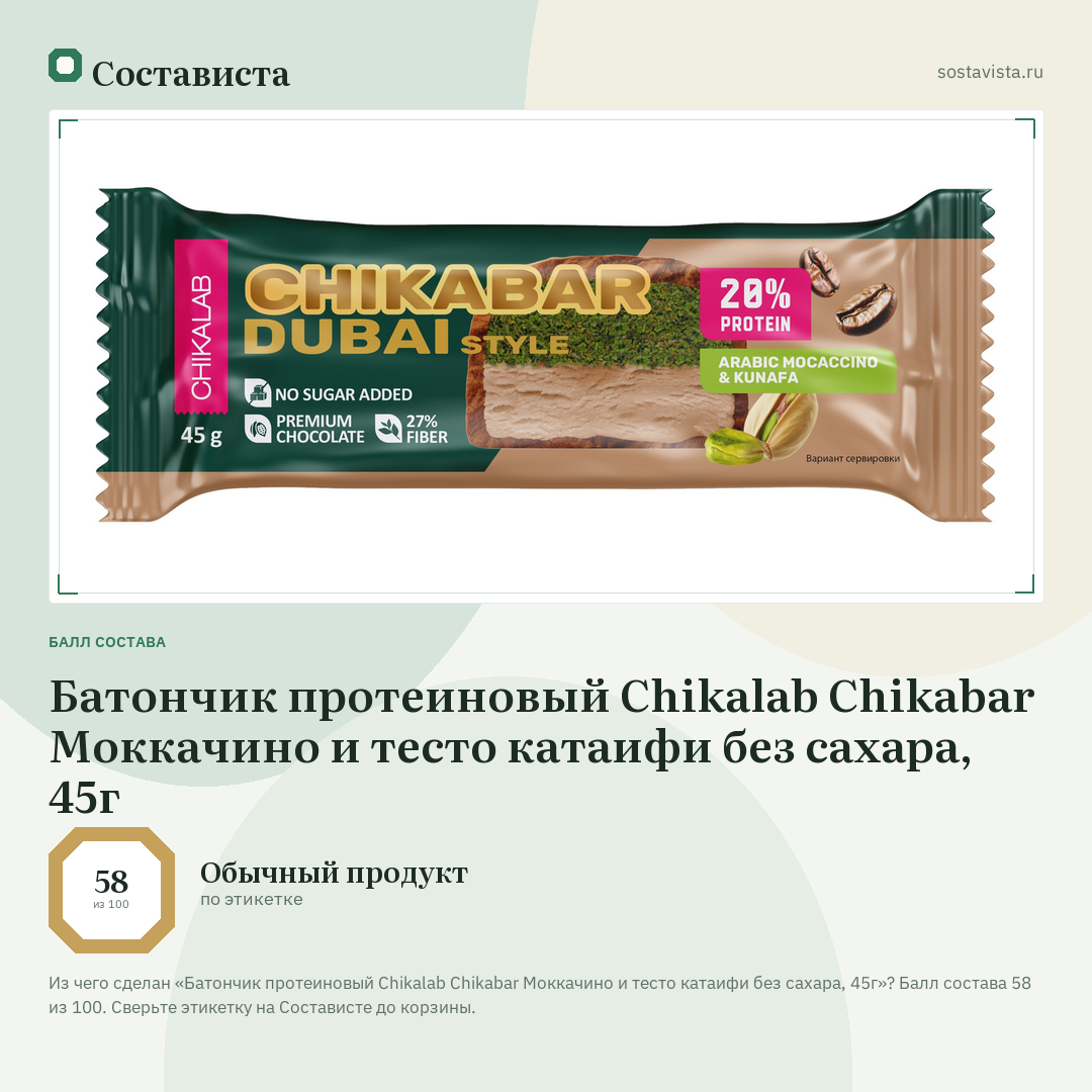 Батончик протеиновый Chikalab Chikabar Моккачино и тесто катаифи без сахара, 45г: балл состава 58 из 100 — Состависта