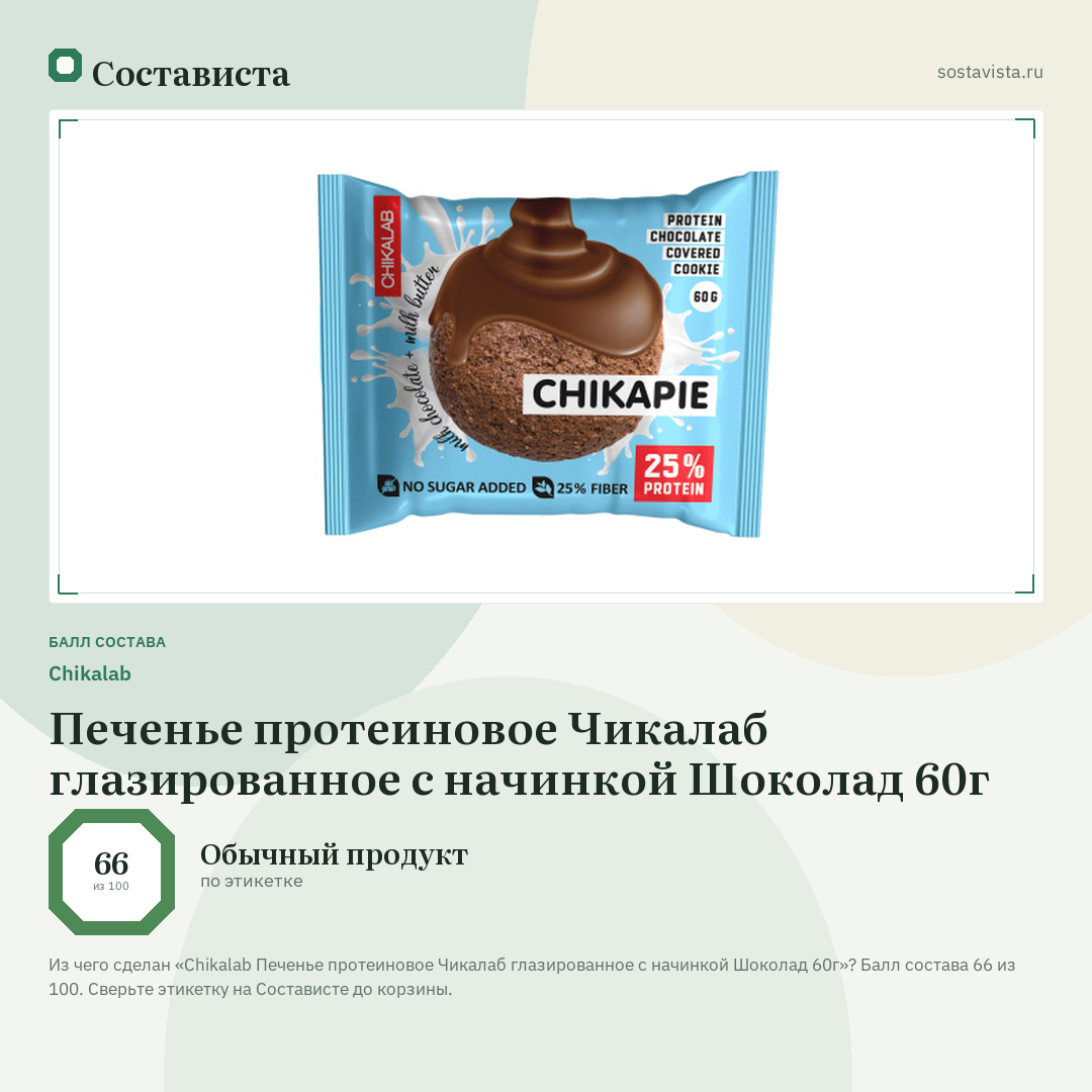 Chikalab Печенье протеиновое Чикалаб глазированное с начинкой Шоколад 60г: балл состава 66 из 100 — Состависта