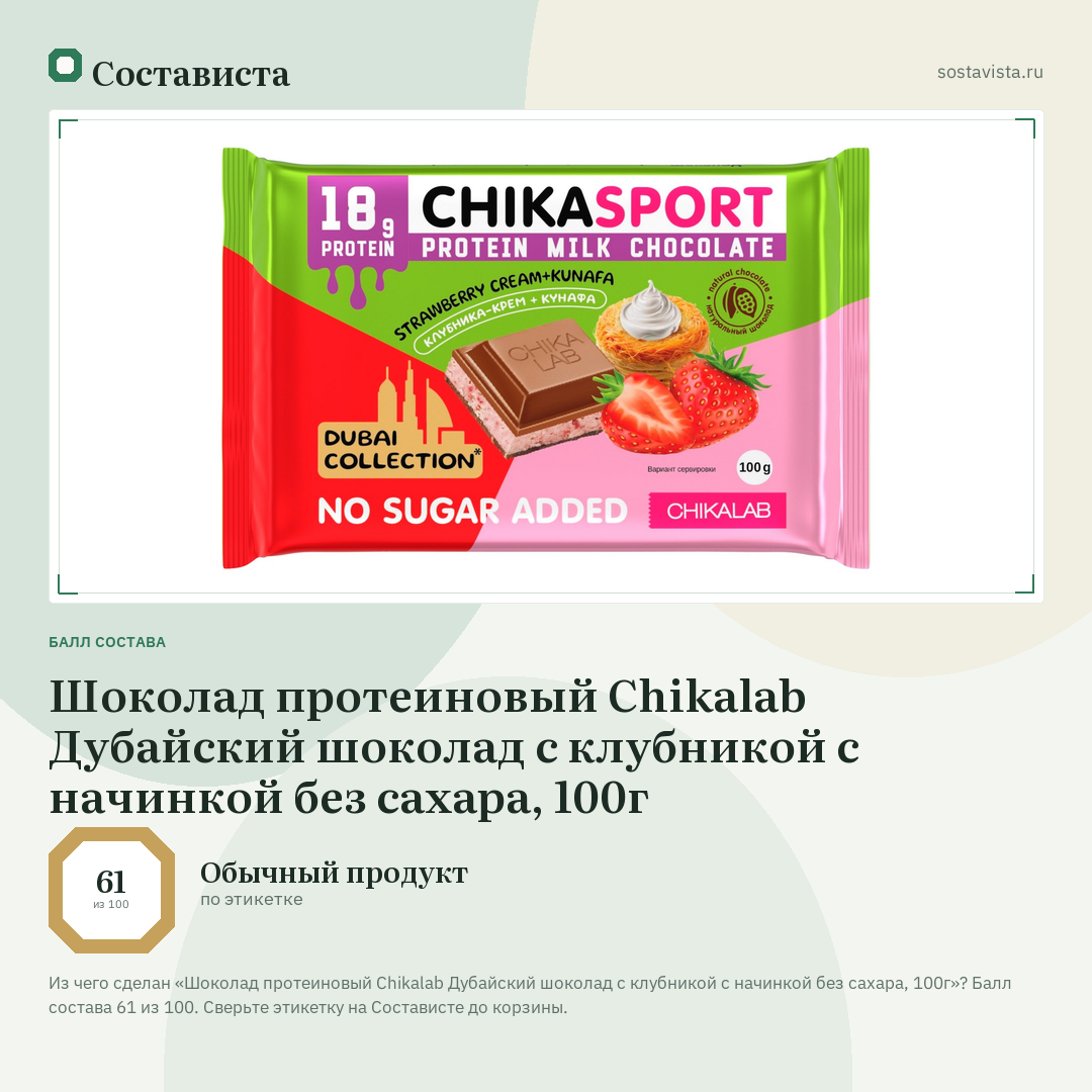 Шоколад протеиновый Chikalab Дубайский шоколад с клубникой с начинкой без сахара, 100г: балл состава 61 из 100 — Состависта
