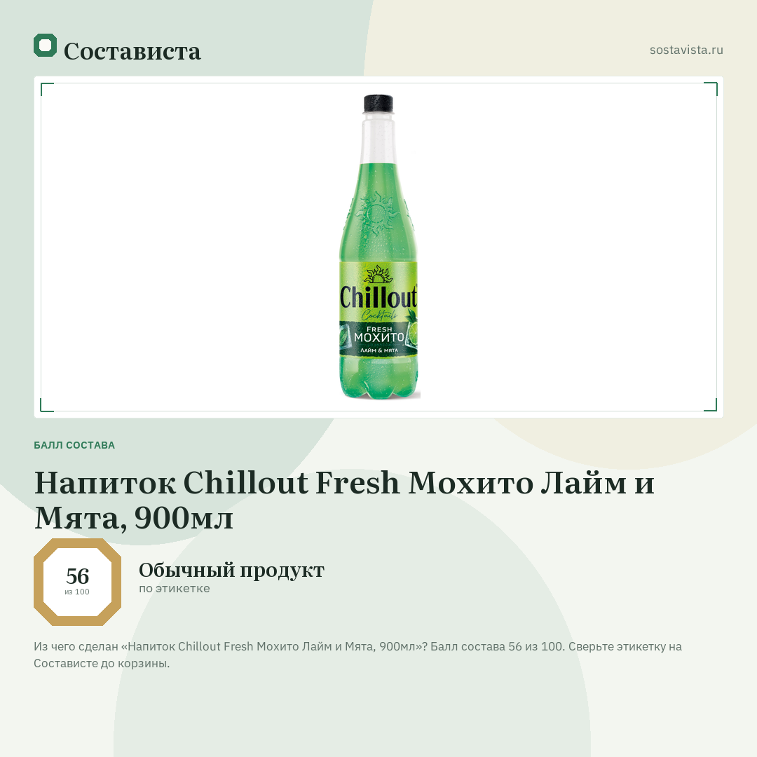 Напиток Chillout Fresh Мохито Лайм и Мята, 900мл: балл состава 56 из 100 — Состависта