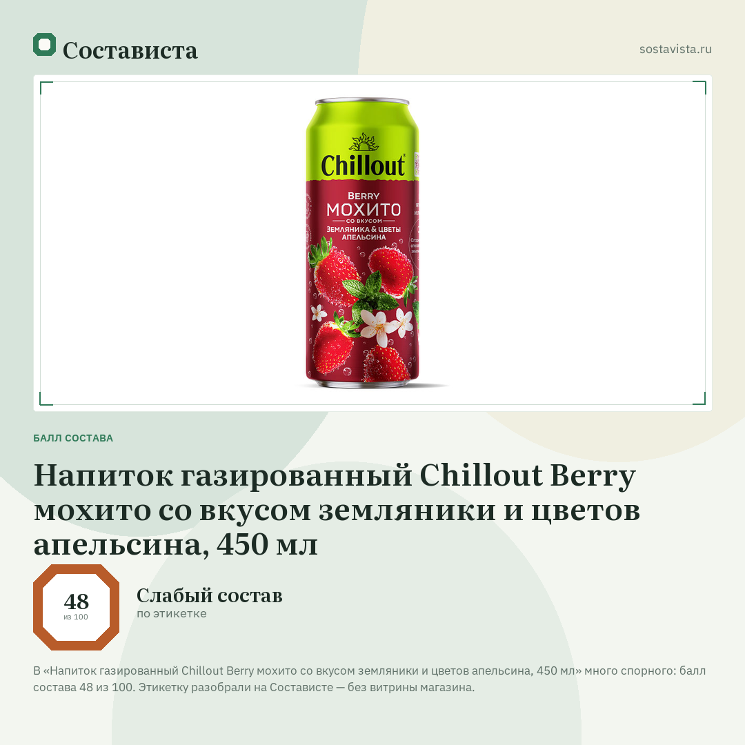 Напиток газированный Chillout Berry мохито со вкусом земляники и цветов апельсина, 450 мл: балл состава 48 из 100 — Состависта
