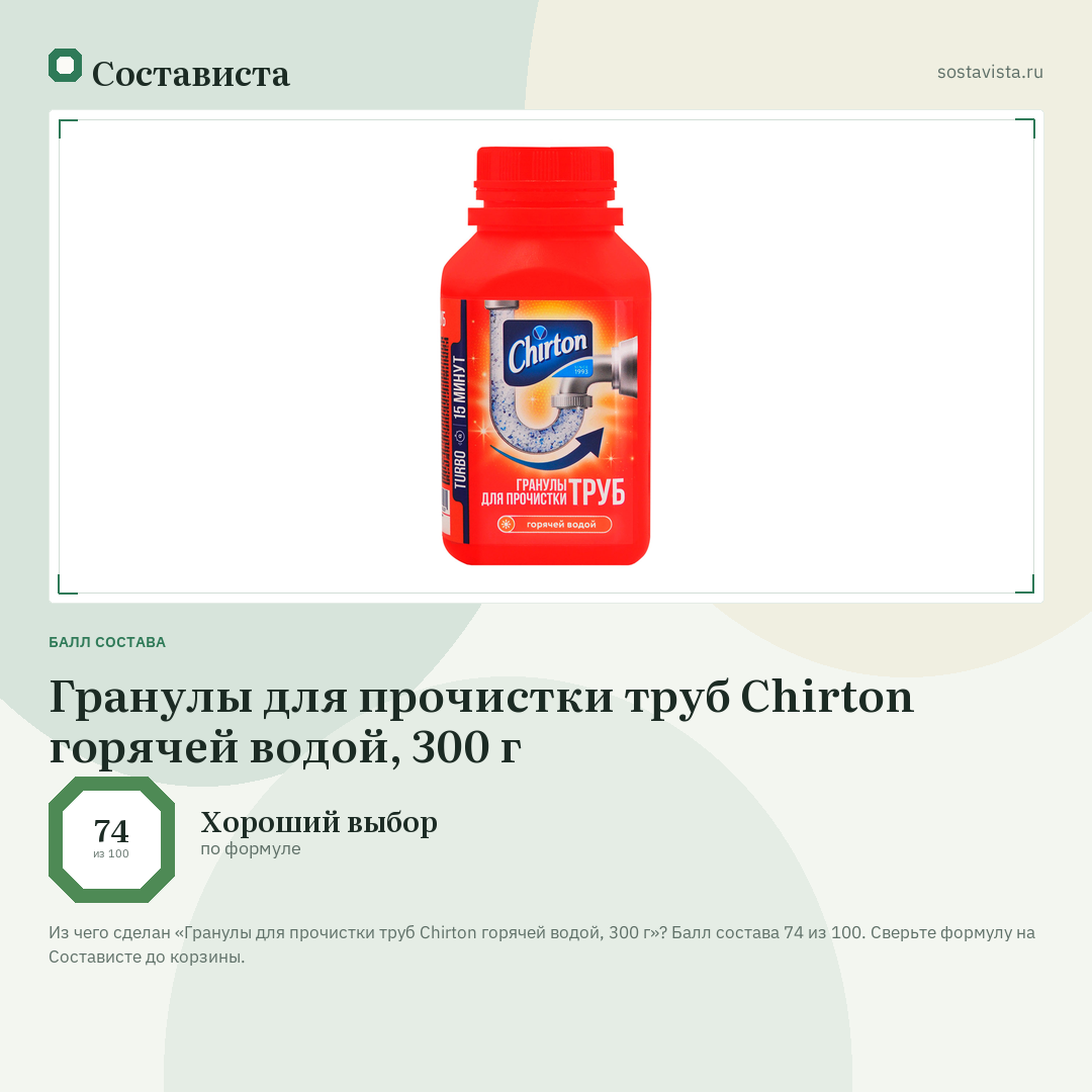 Гранулы для прочистки труб Chirton горячей водой, 300 г: балл состава 74 из 100 — Состависта
