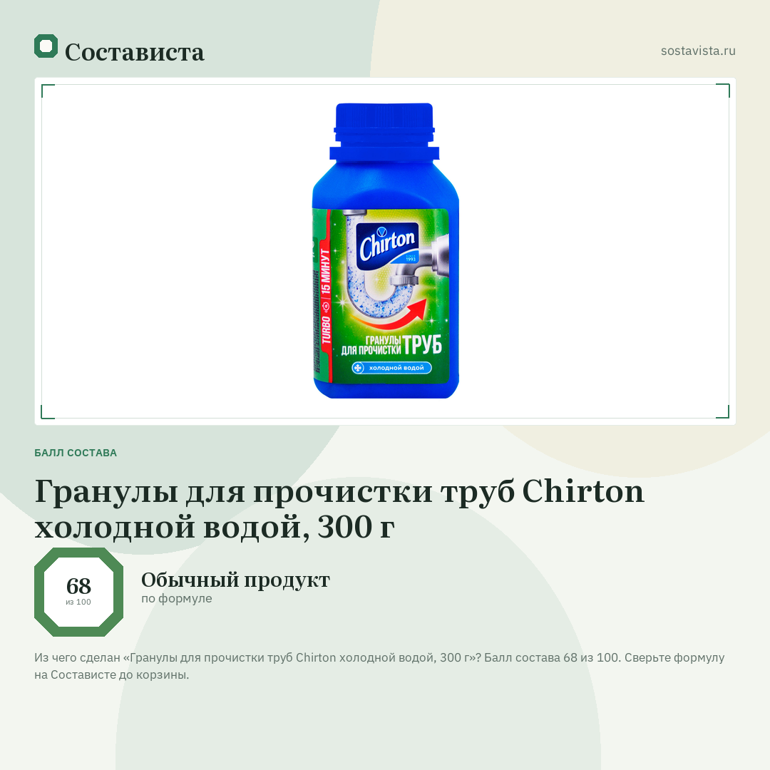 Гранулы для прочистки труб Chirton холодной водой, 300 г: балл состава 68 из 100 — Состависта