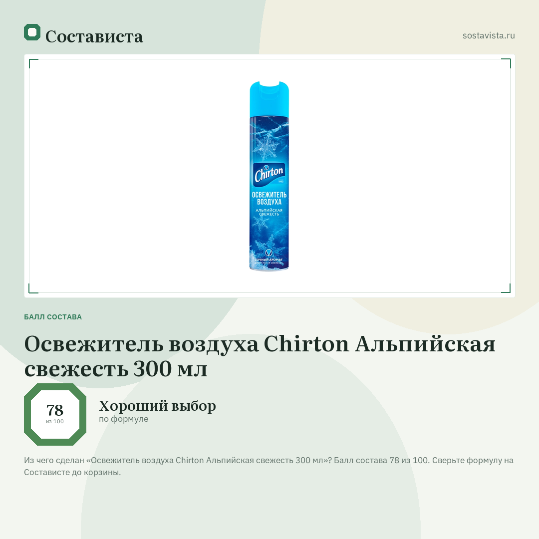 Освежитель воздуха Chirton Альпийская свежесть 300 мл: балл состава 78 из 100 — Состависта