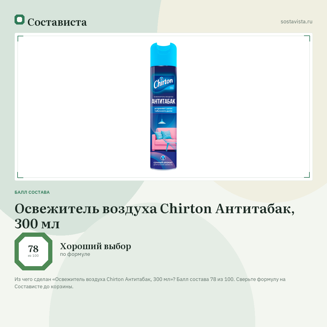 Освежитель воздуха Chirton Антитабак, 300 мл: балл состава 78 из 100 — Состависта