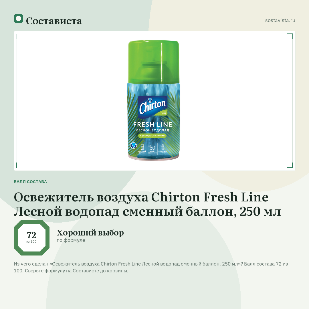 Освежитель воздуха Chirton Fresh Line Лесной водопад сменный баллон, 250 мл: балл состава 72 из 100 — Состависта