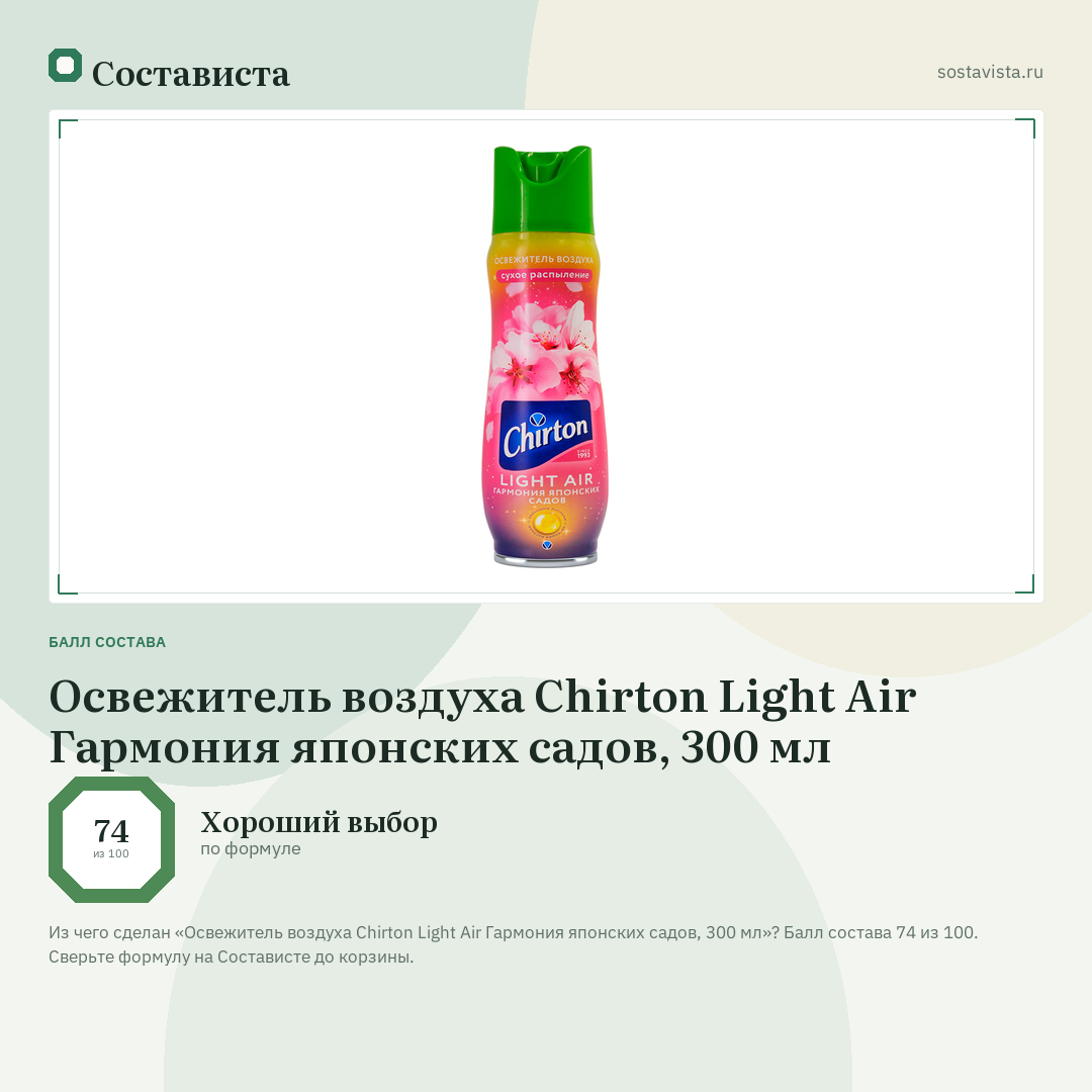 Освежитель воздуха Chirton Light Air Гармония японских садов, 300 мл: балл состава 74 из 100 — Состависта