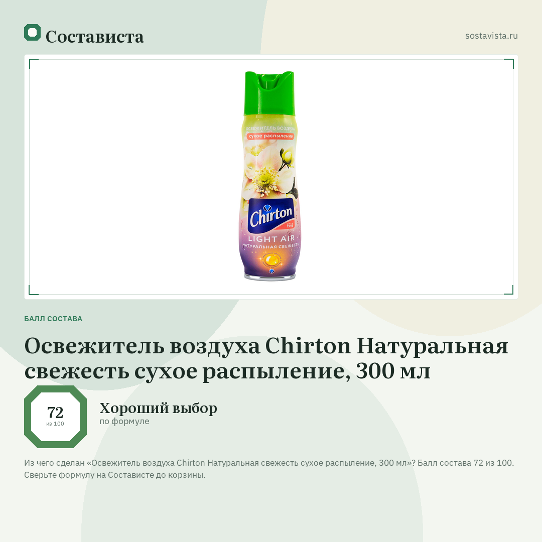 Освежитель воздуха Chirton Натуральная свежесть сухое распыление, 300 мл: балл состава 72 из 100 — Состависта