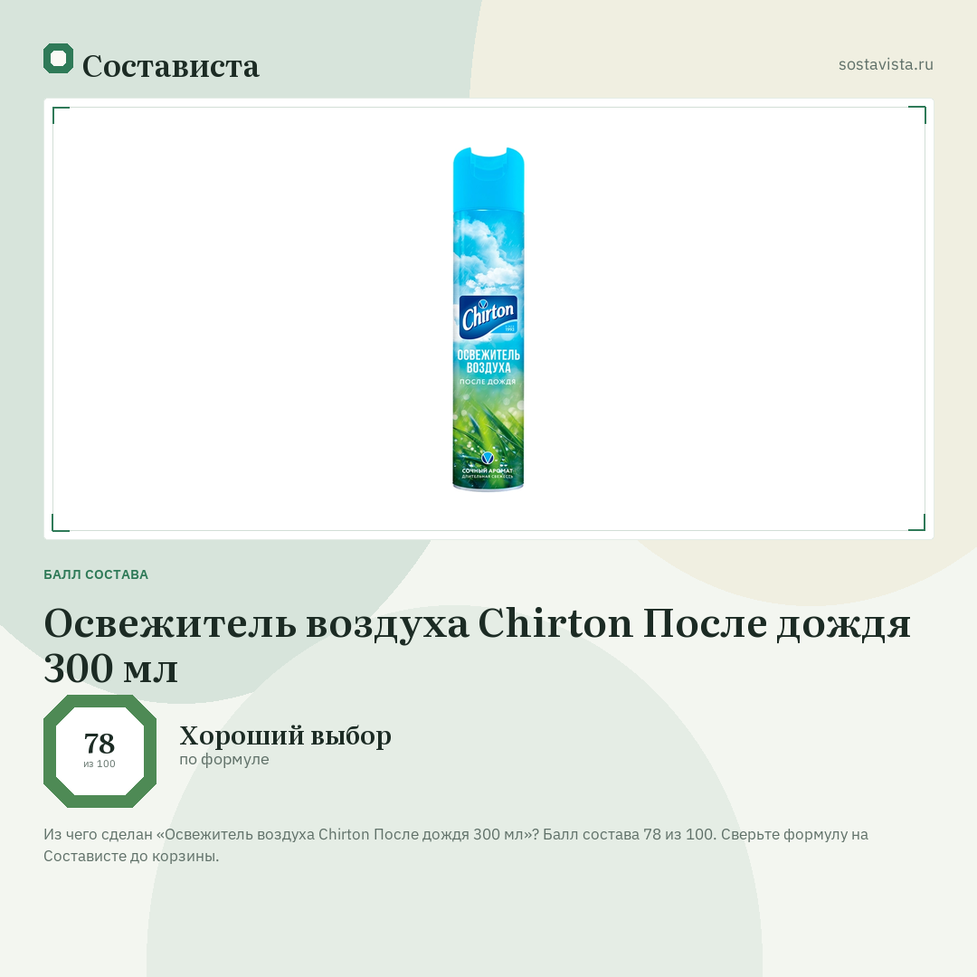 Освежитель воздуха Chirton После дождя 300 мл: балл состава 78 из 100 — Состависта