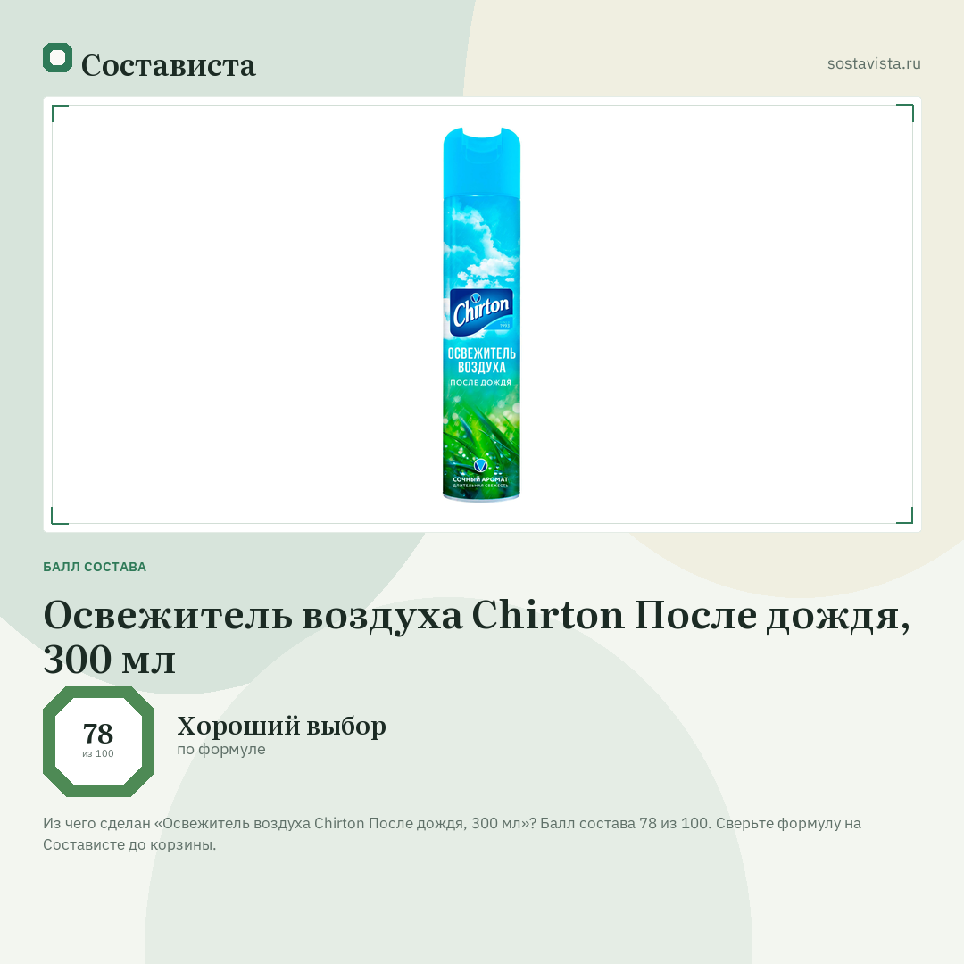 Освежитель воздуха Chirton После дождя, 300 мл: балл состава 78 из 100 — Состависта