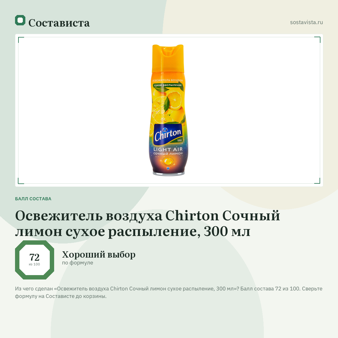 Освежитель воздуха Chirton Сочный лимон сухое распыление, 300 мл: балл состава 72 из 100 — Состависта