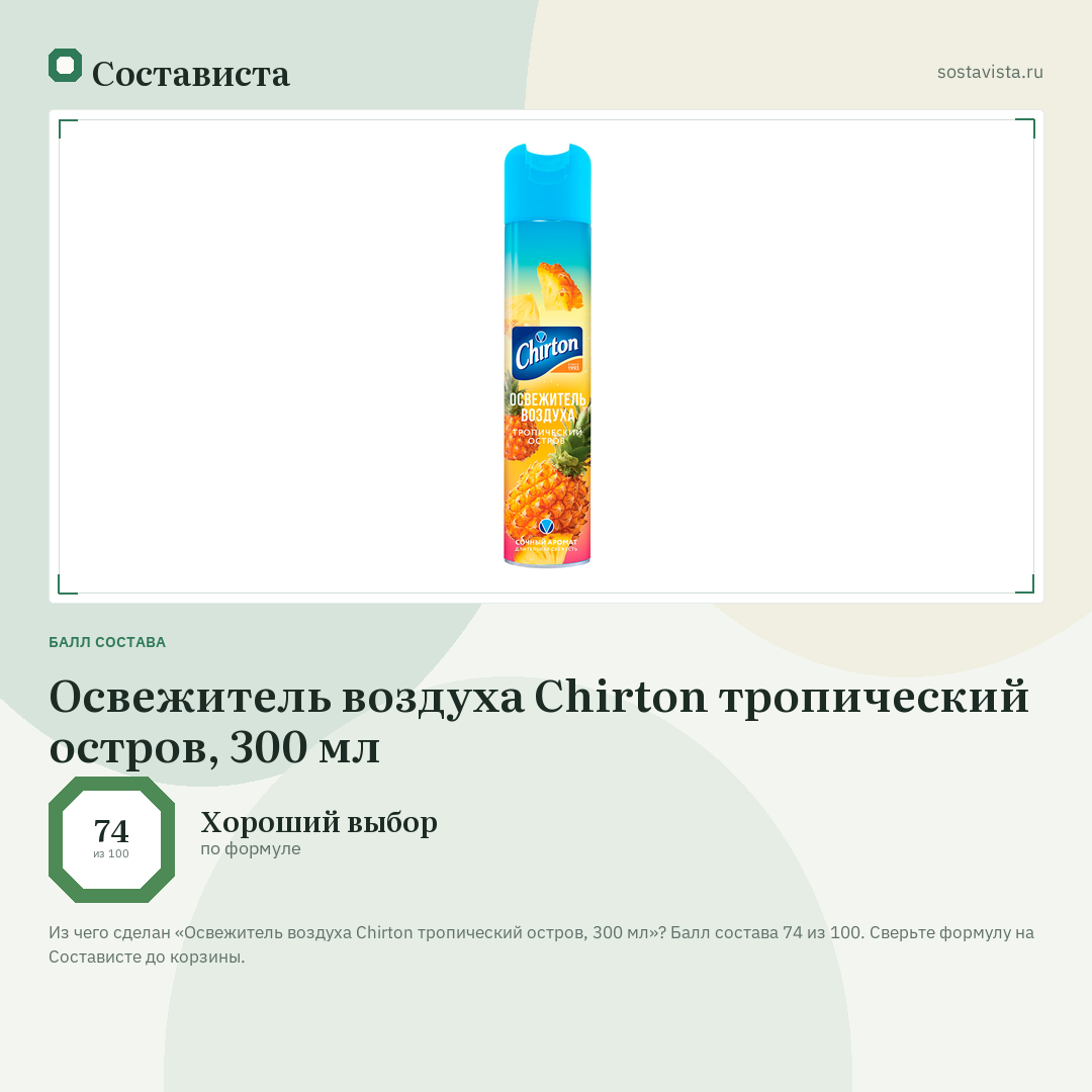 Освежитель воздуха Chirton тропический остров, 300 мл: балл состава 74 из 100 — Состависта
