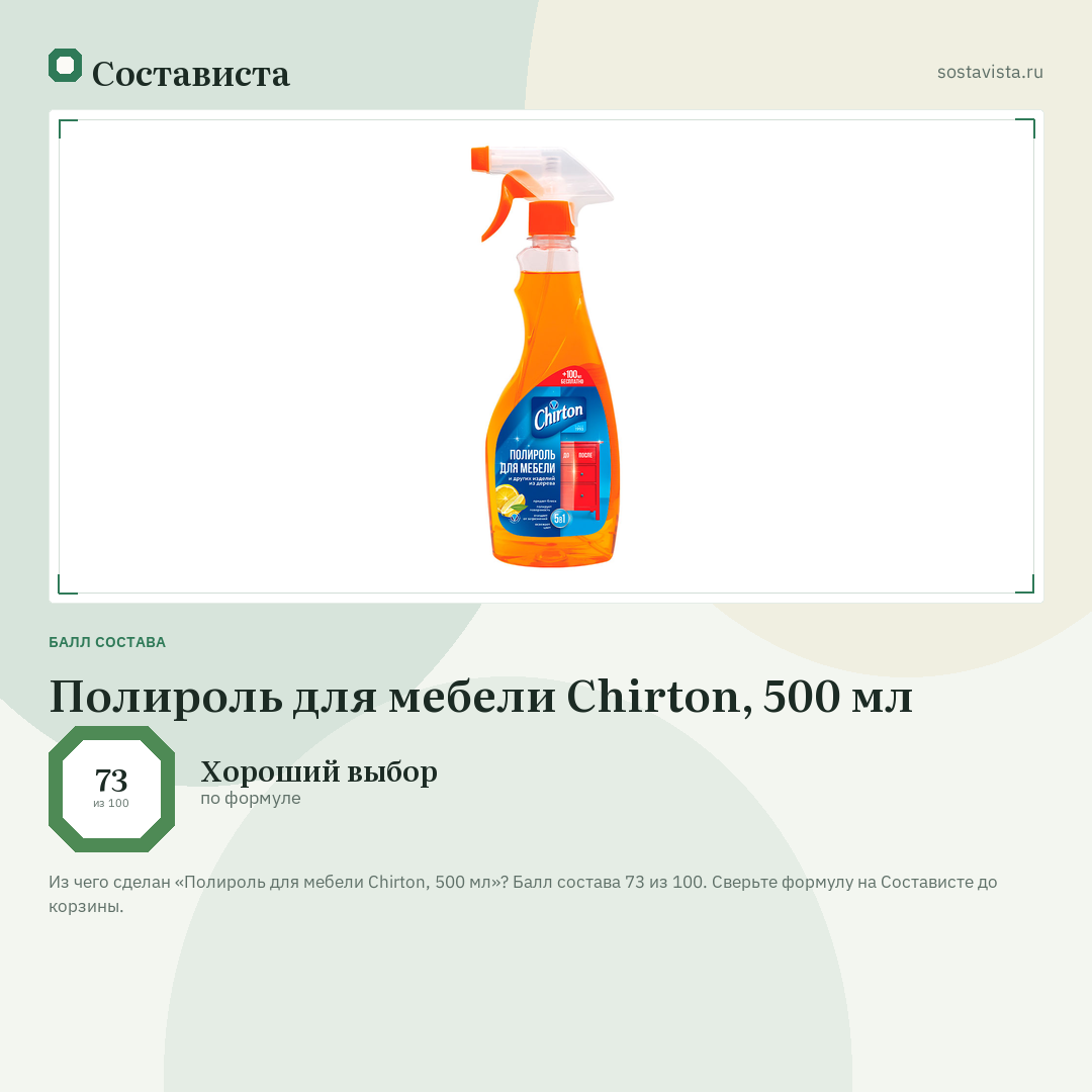 Полироль для мебели Chirton, 500 мл: балл состава 73 из 100 — Состависта
