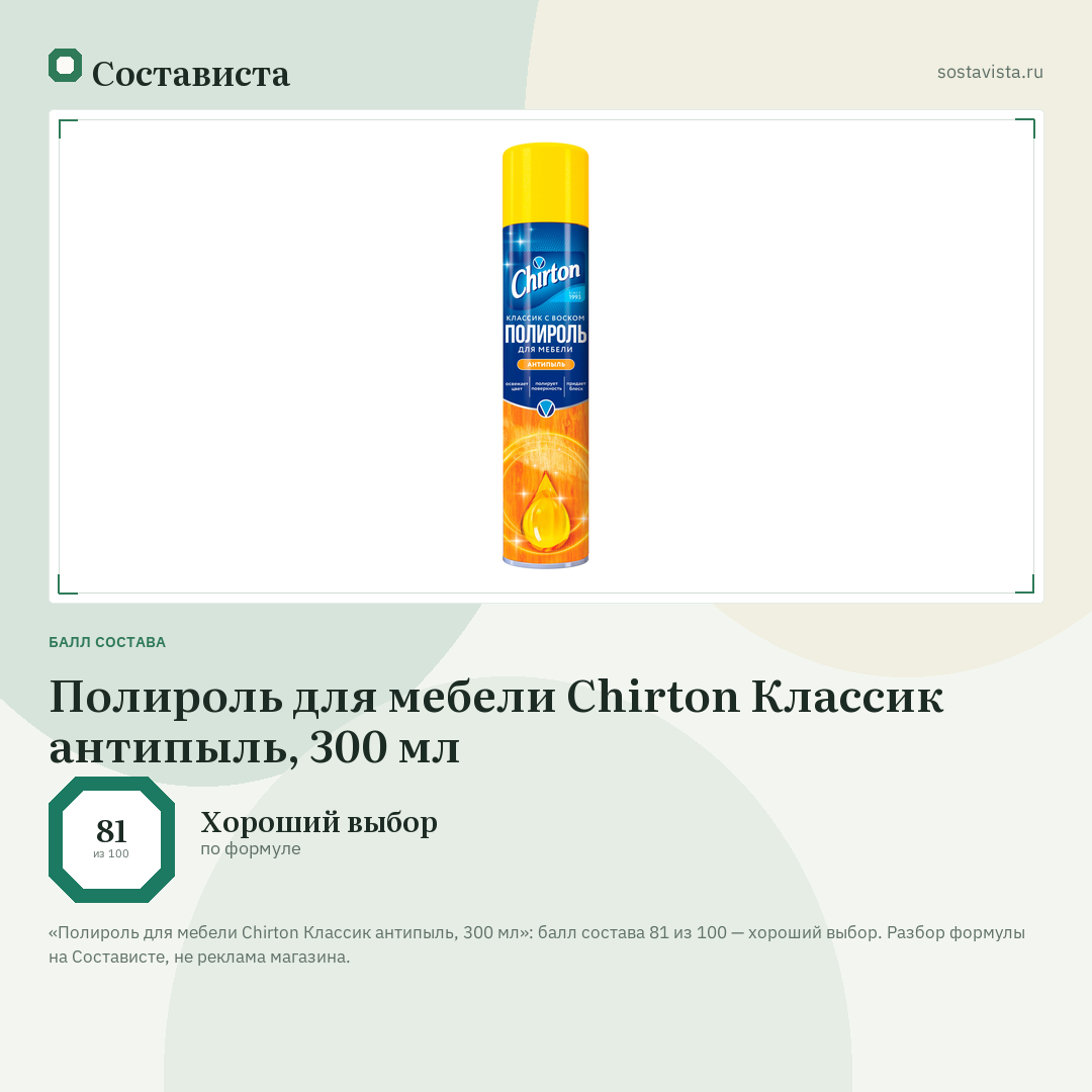 Полироль для мебели Chirton Классик антипыль, 300 мл: балл состава 81 из 100 — Состависта