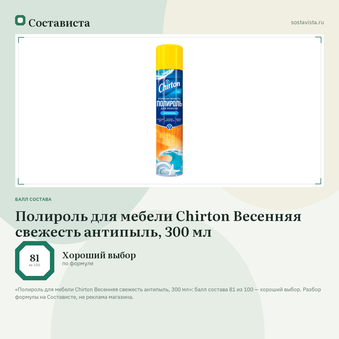 Полироль для мебели Chirton Весенняя свежесть антипыль, 300 мл: балл состава 81 из 100 — Состависта