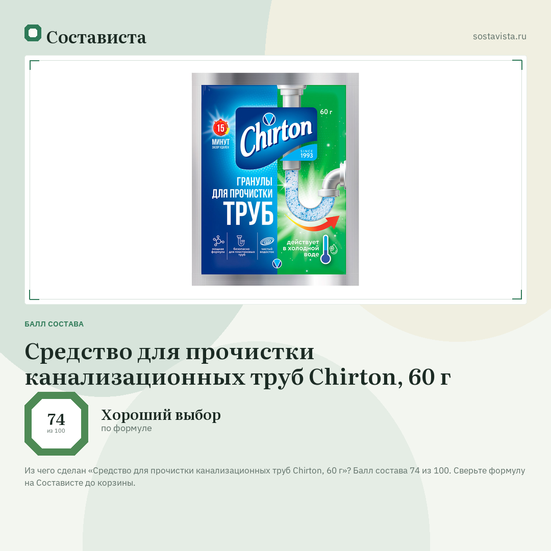 Средство для прочистки канализационных труб Chirton, 60 г: балл состава 74 из 100 — Состависта