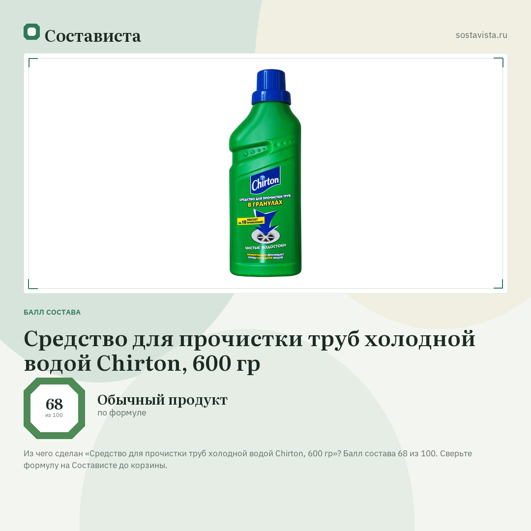 Средство для прочистки труб холодной водой Chirton, 600 гр: балл состава 68 из 100 — Состависта