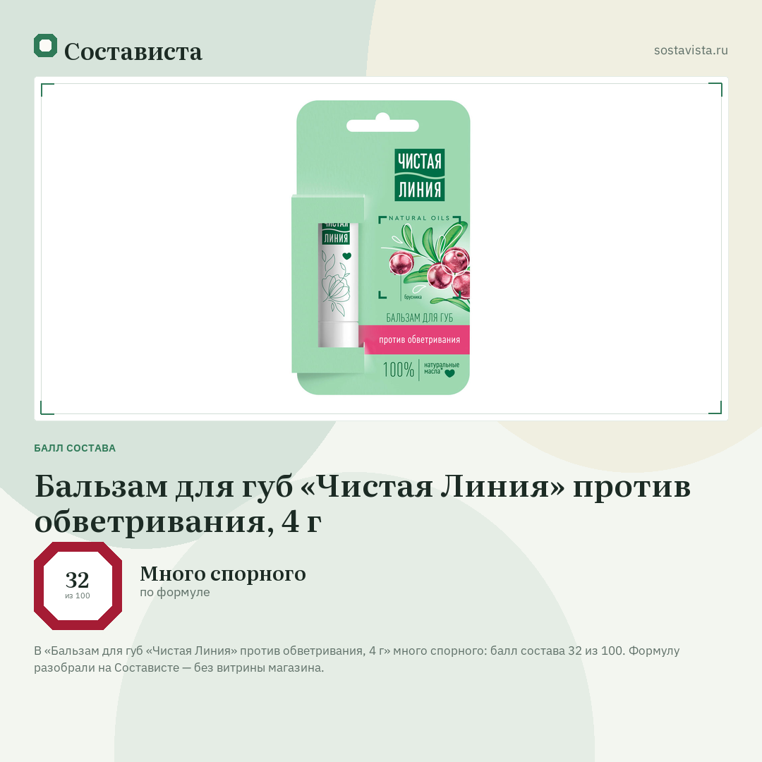 Бальзам для губ «Чистая Линия» против обветривания, 4 г: балл состава 32 из 100 — Состависта