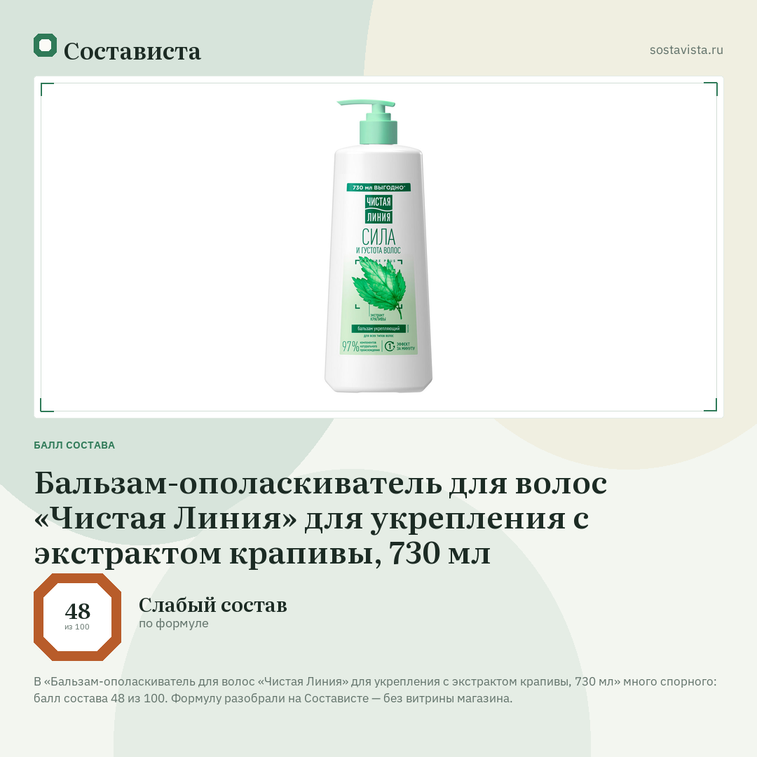 Бальзам-ополаскиватель для волос «Чистая Линия» для укрепления с экстрактом крапивы, 730 мл: балл состава 48 из 100 — Состависта