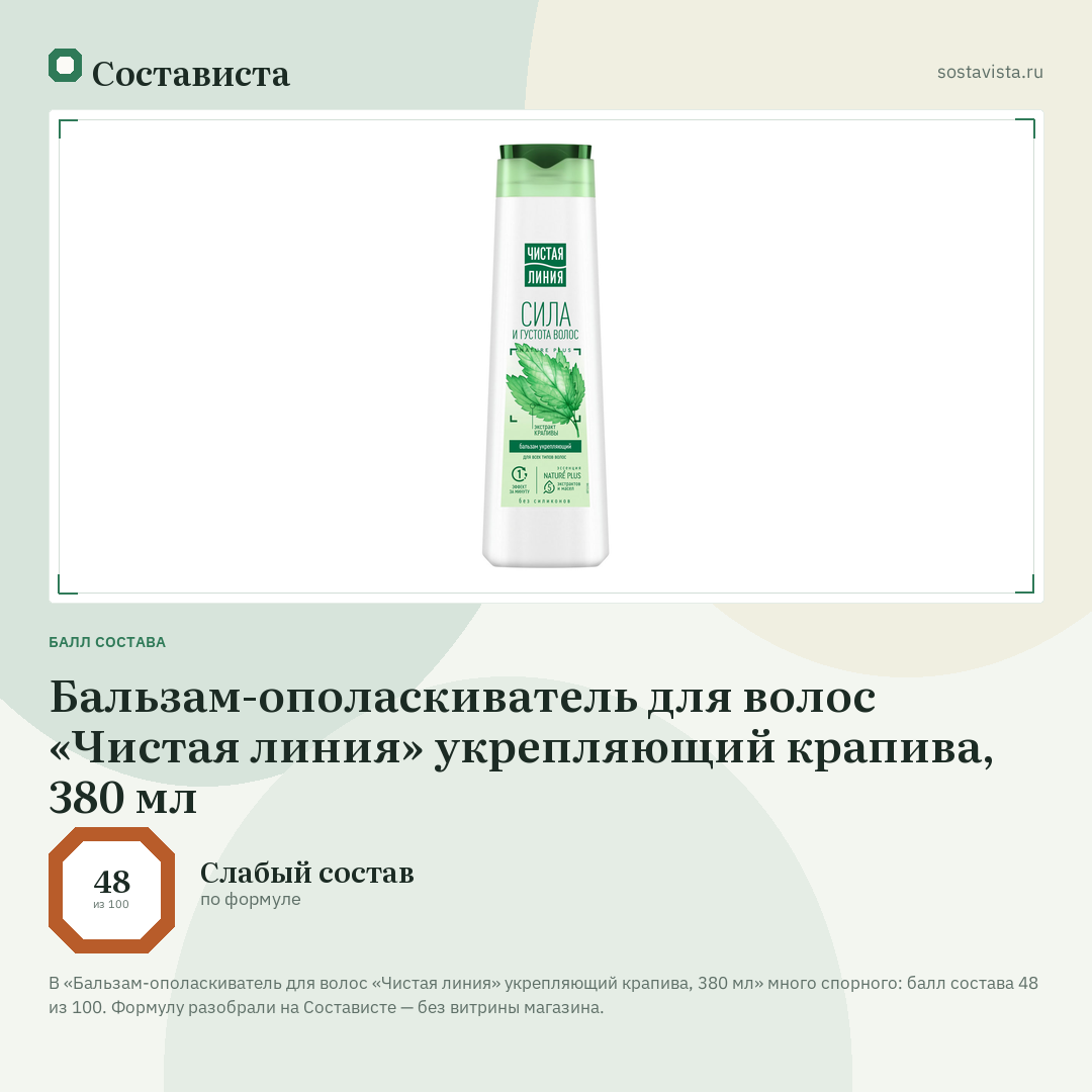 Бальзам-ополаскиватель для волос «Чистая линия» укрепляющий крапива, 380 мл: балл состава 48 из 100 — Состависта