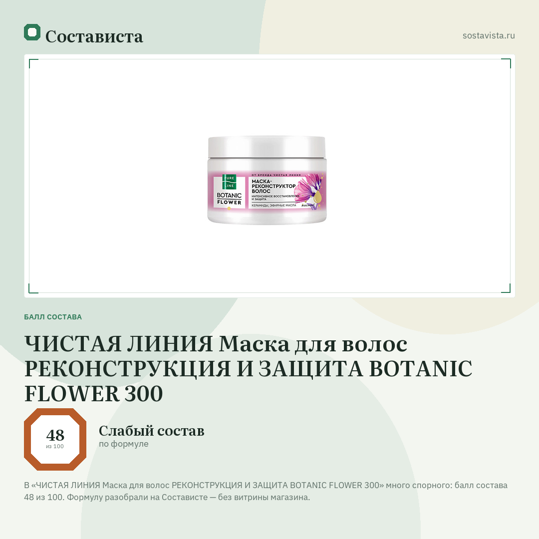 ЧИСТАЯ ЛИНИЯ Маска для волос РЕКОНСТРУКЦИЯ И ЗАЩИТА BOTANIC FLOWER 300: балл состава 48 из 100 — Состависта