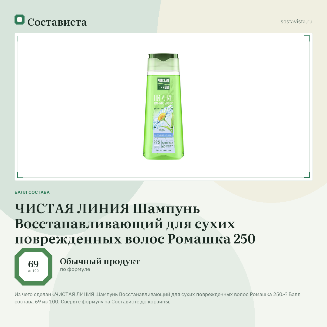 ЧИСТАЯ ЛИНИЯ Шампунь Восстанавливающий для сухих поврежденных волос Ромашка 250: балл состава 69 из 100 — Состависта