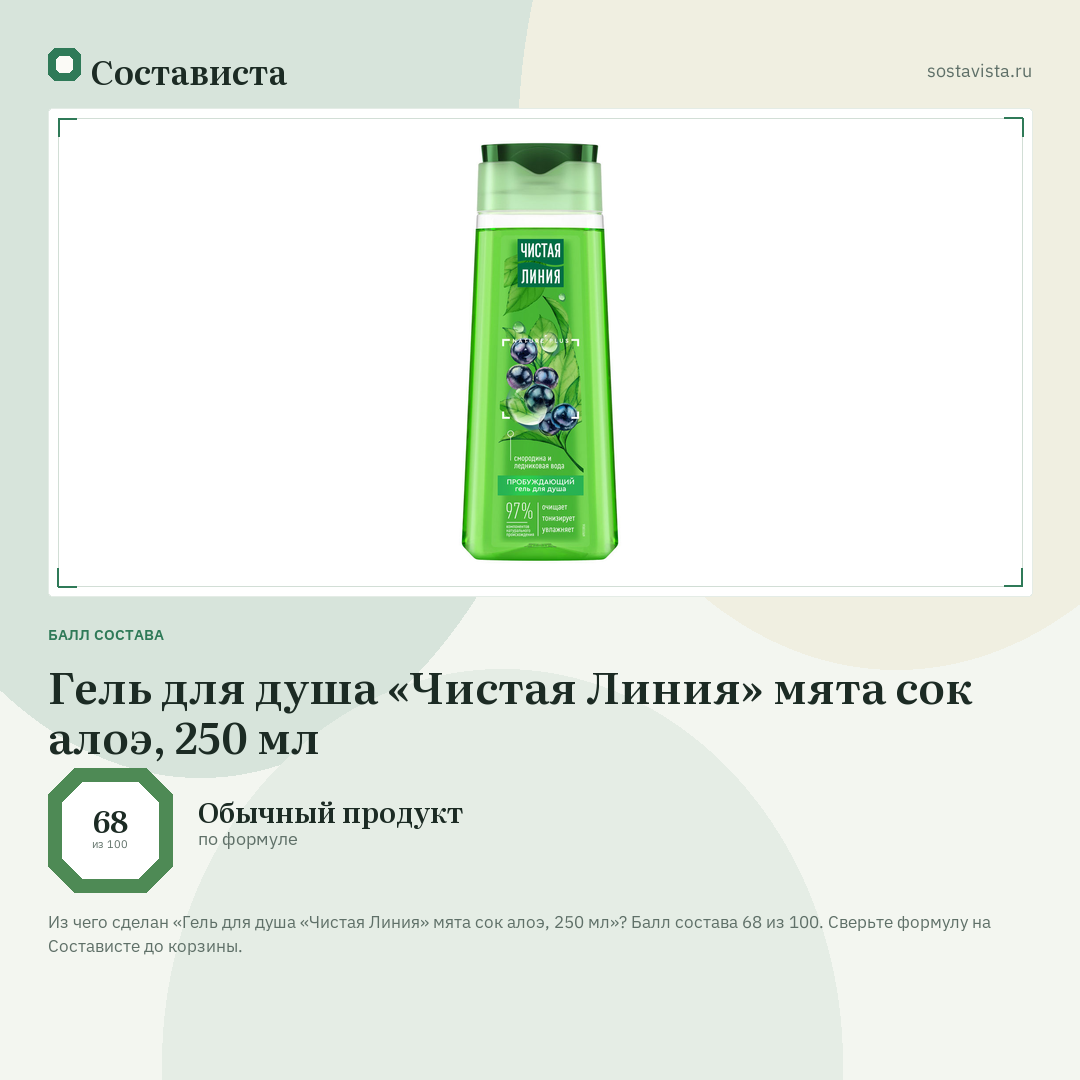 Гель для душа «Чистая Линия» мята сок алоэ, 250 мл: балл состава 68 из 100 — Состависта