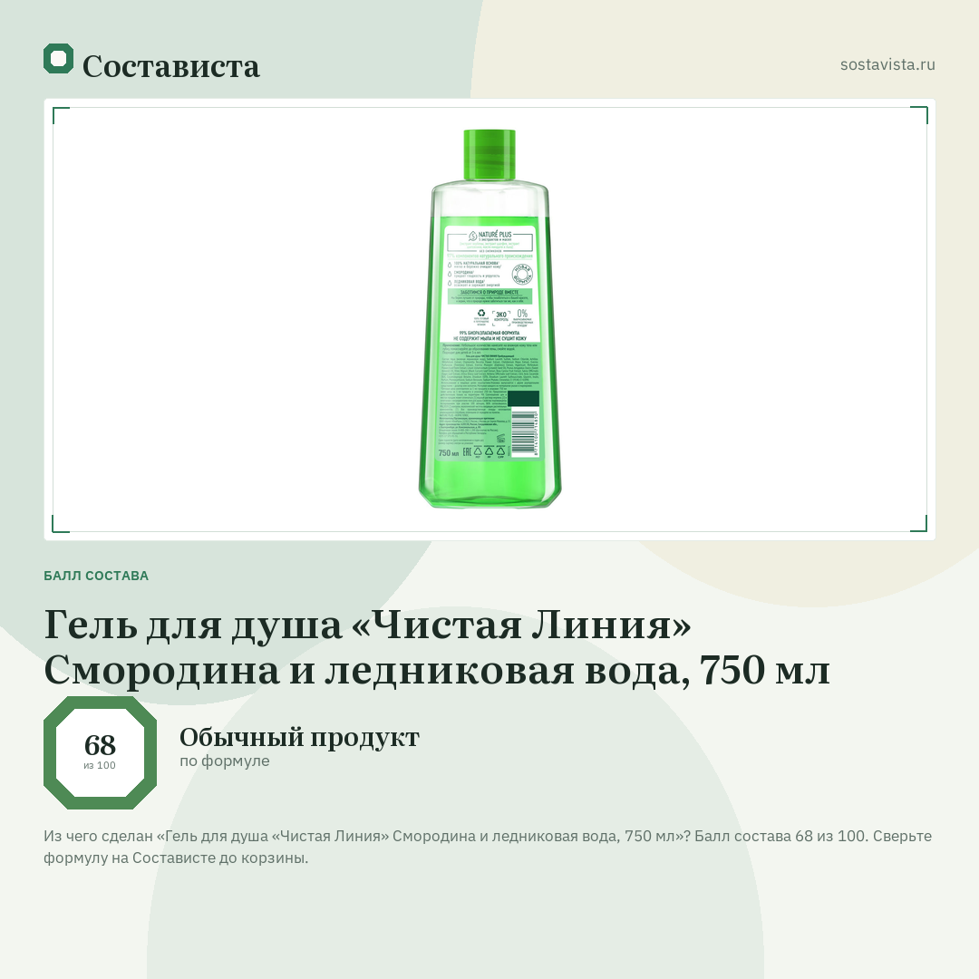 Гель для душа «Чистая Линия» Смородина и ледниковая вода, 750 мл: балл состава 68 из 100 — Состависта