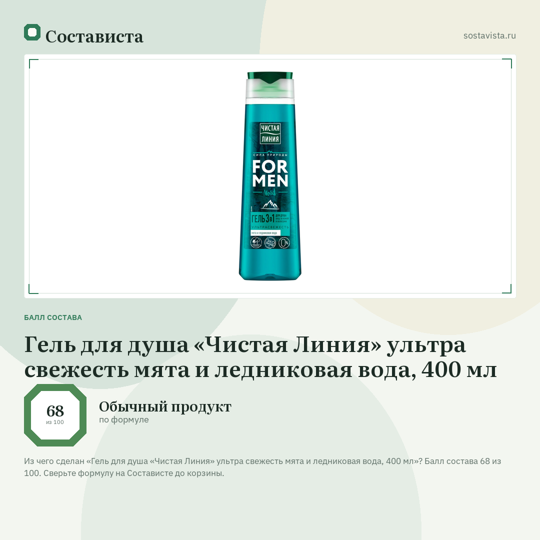 Гель для душа «Чистая Линия» ультра свежесть мята и ледниковая вода, 400 мл: балл состава 68 из 100 — Состависта