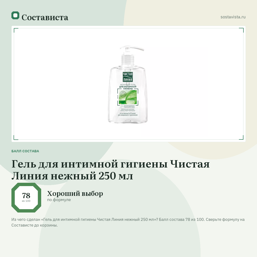 Гель для интимной гигиены Чистая Линия нежный 250 мл: балл состава 78 из 100 — Состависта