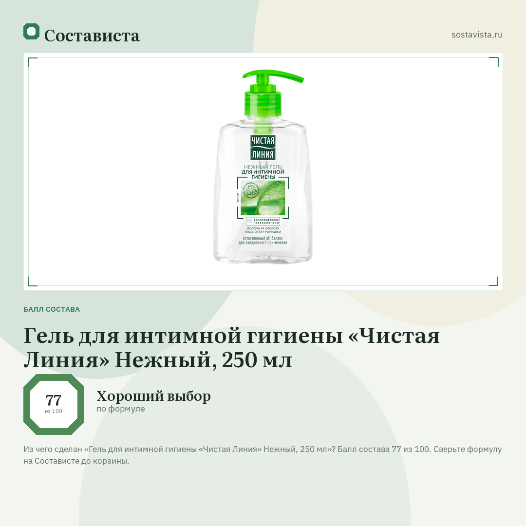 Гель для интимной гигиены «Чистая Линия» Нежный, 250 мл: балл состава 77 из 100 — Состависта