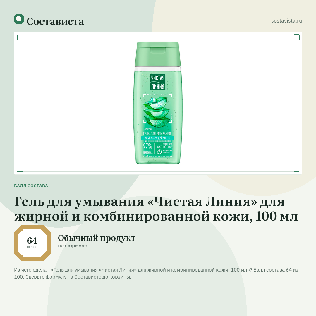 Гель для умывания «Чистая Линия» для жирной и комбинированной кожи, 100 мл: балл состава 64 из 100 — Состависта