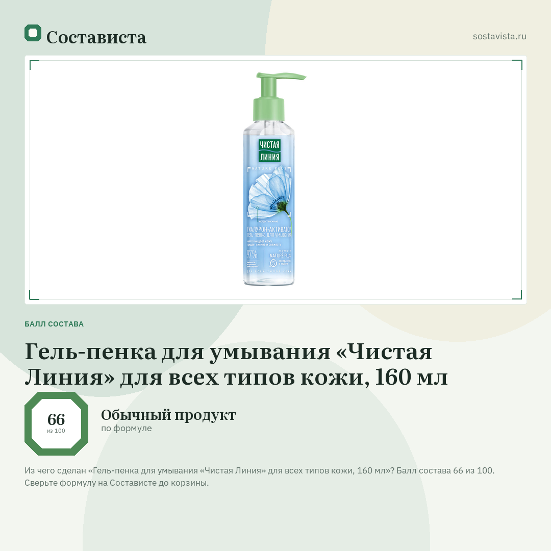 Гель-пенка для умывания «Чистая Линия» для всех типов кожи, 160 мл: балл состава 66 из 100 — Состависта