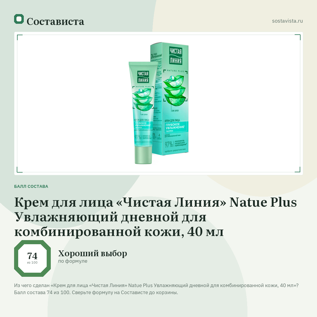 Крем для лица «Чистая Линия» Natue Plus Увлажняющий дневной для комбинированной кожи, 40 мл: балл состава 74 из 100 — Состависта