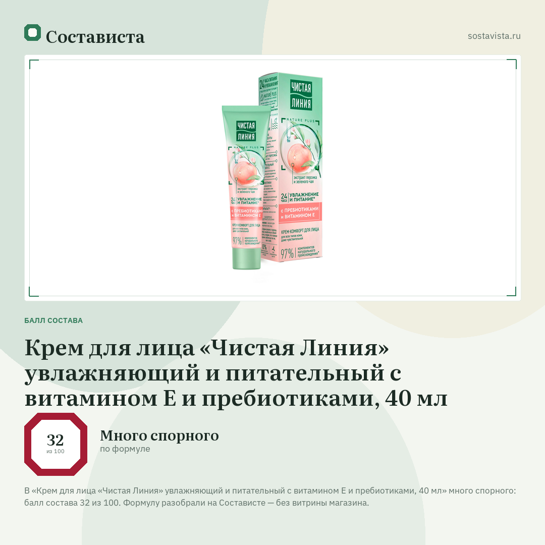 Крем для лица «Чистая Линия» увлажняющий и питательный с витамином Е и пребиотиками, 40 мл: балл состава 32 из 100 — Состависта