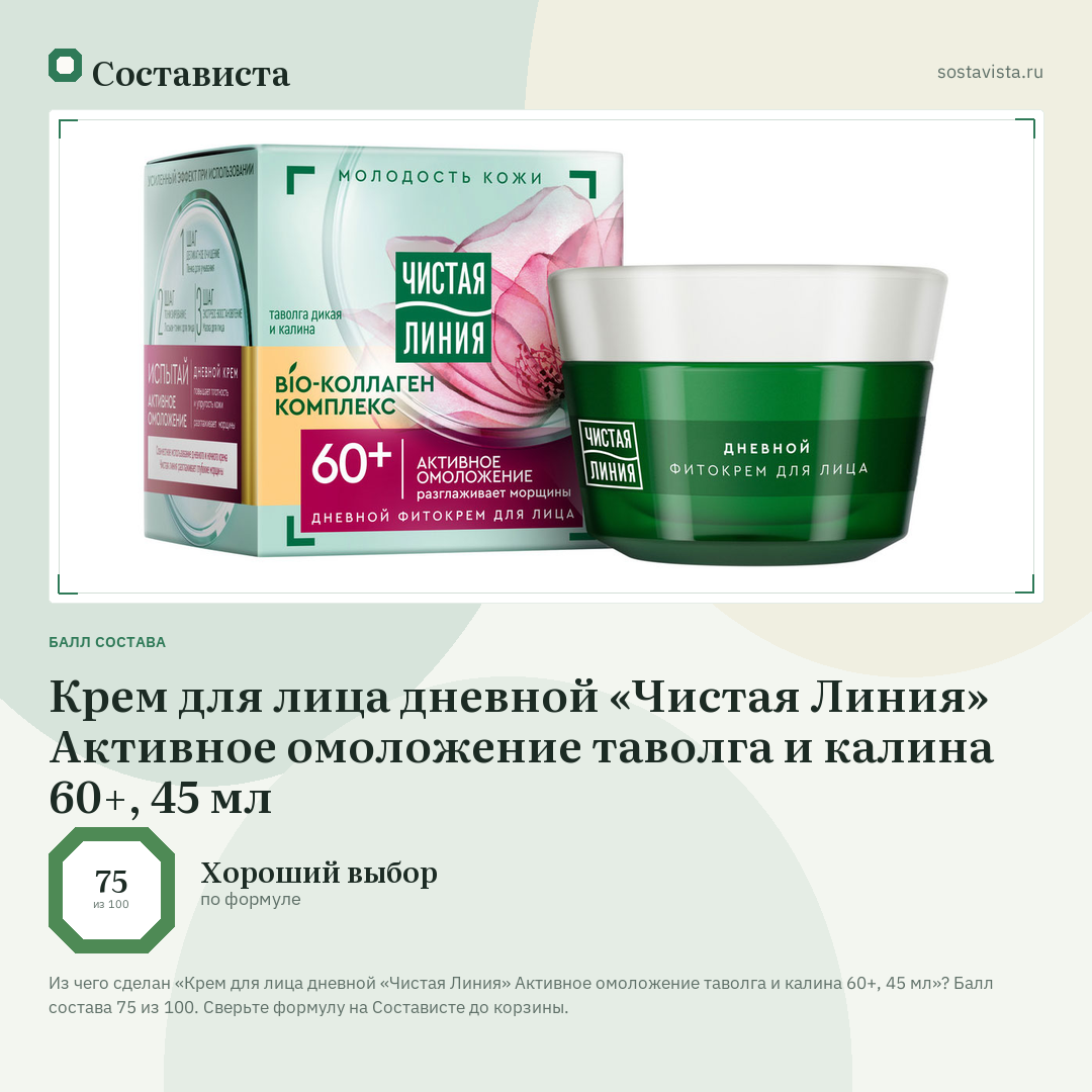 Крем для лица дневной «Чистая Линия» Активное омоложение таволга и калина 60+, 45 мл: балл состава 75 из 100 — Состависта