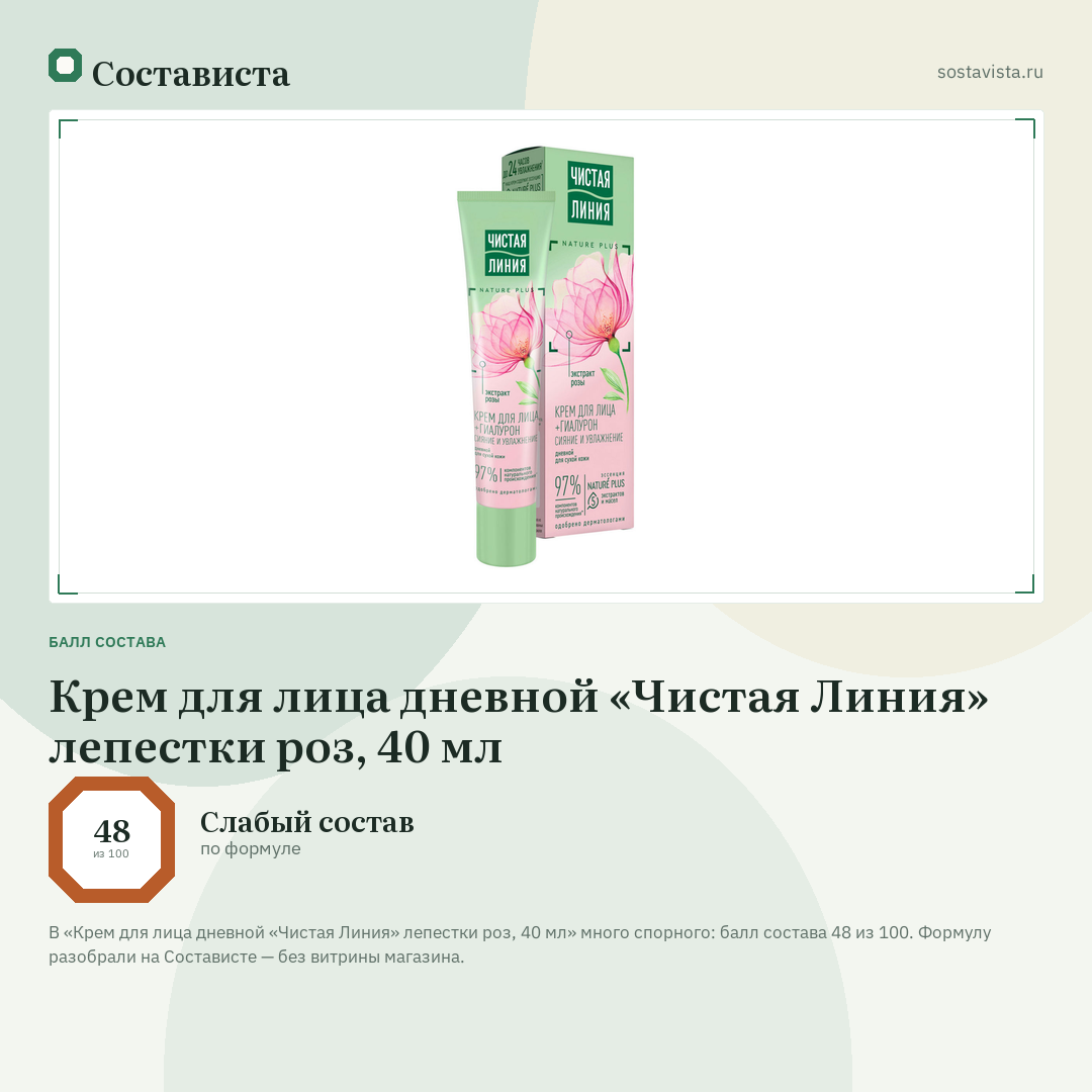 Крем для лица дневной «Чистая Линия» лепестки роз, 40 мл: балл состава 48 из 100 — Состависта