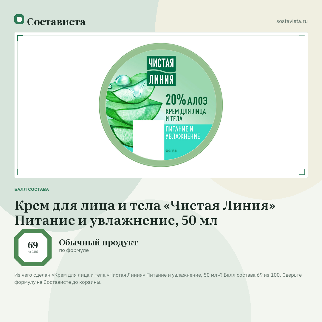 Крем для лица и тела «Чистая Линия» Питание и увлажнение, 50 мл: балл состава 69 из 100 — Состависта