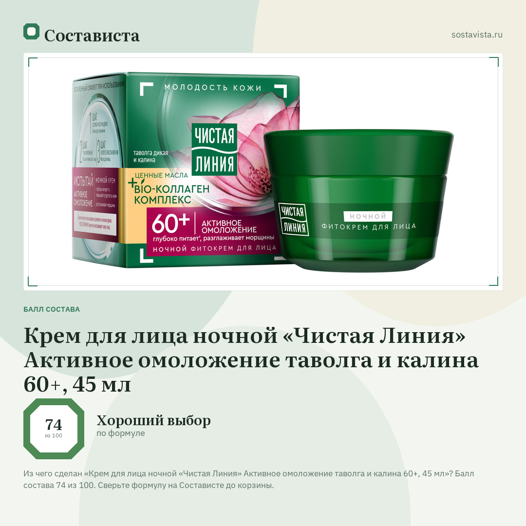 Крем для лица ночной «Чистая Линия» Активное омоложение таволга и калина 60+, 45 мл: балл состава 74 из 100 — Состависта
