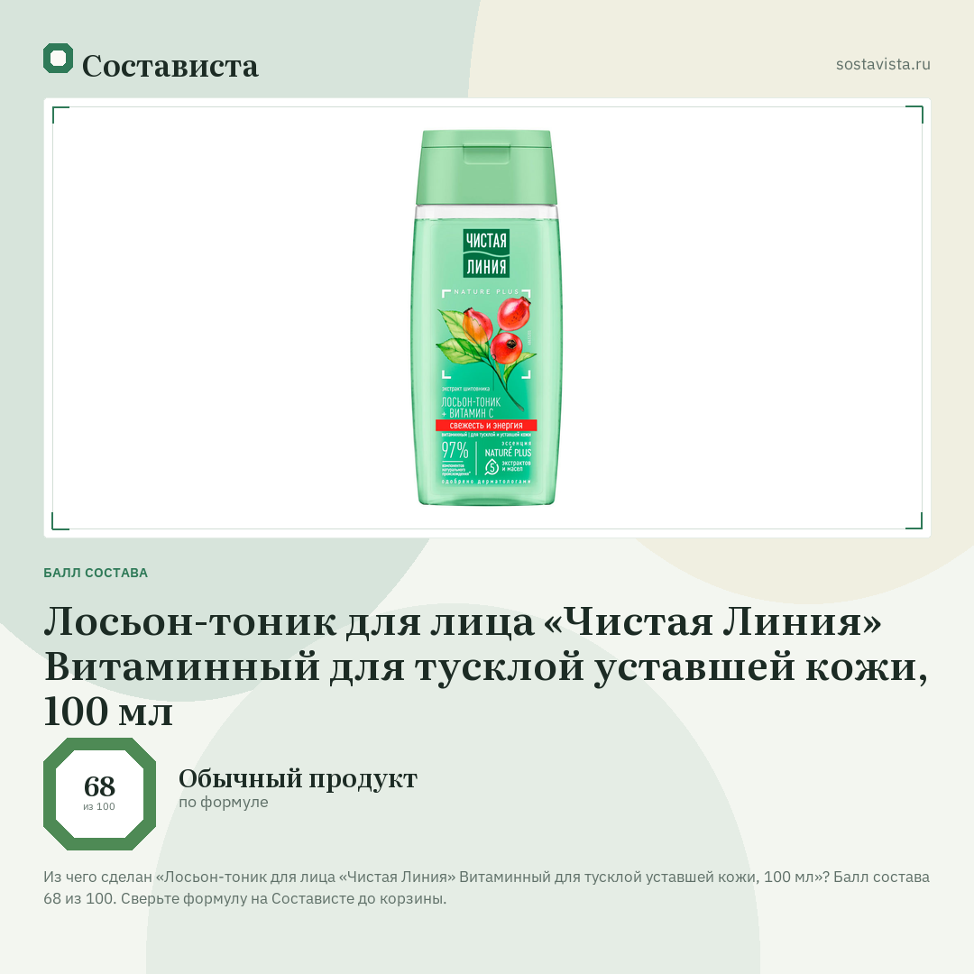 Лосьон-тоник для лица «Чистая Линия» Витаминный для тусклой уставшей кожи, 100 мл: балл состава 68 из 100 — Состависта
