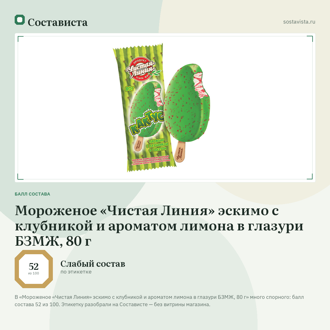 Мороженое «Чистая Линия» эскимо с клубникой и ароматом лимона в глазури БЗМЖ, 80 г: балл состава 52 из 100 — Состависта