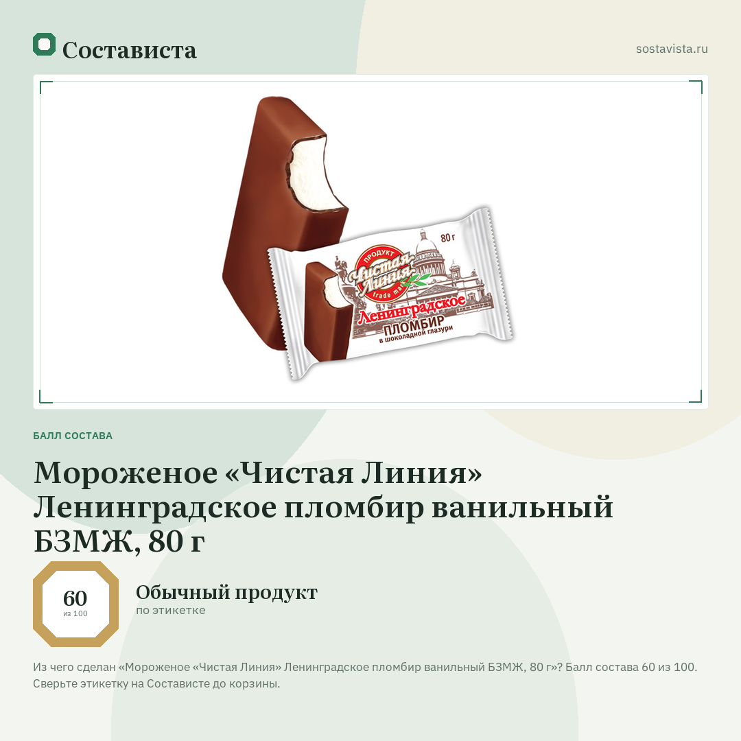 Мороженое «Чистая Линия» Ленинградское пломбир ванильный БЗМЖ, 80 г: балл состава 60 из 100 — Состависта