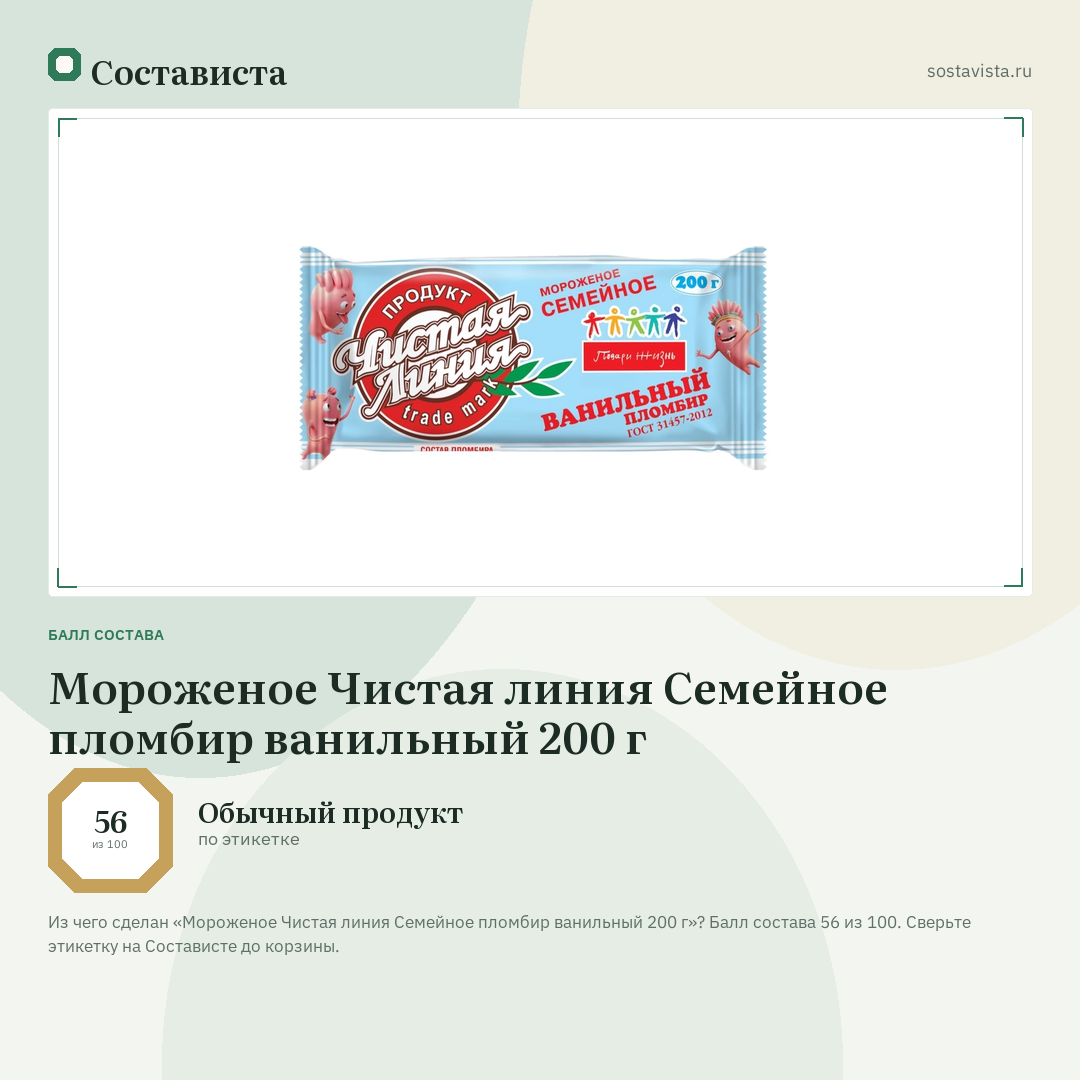 Мороженое Чистая линия Семейное пломбир ванильный 200 г: балл состава 56 из 100 — Состависта