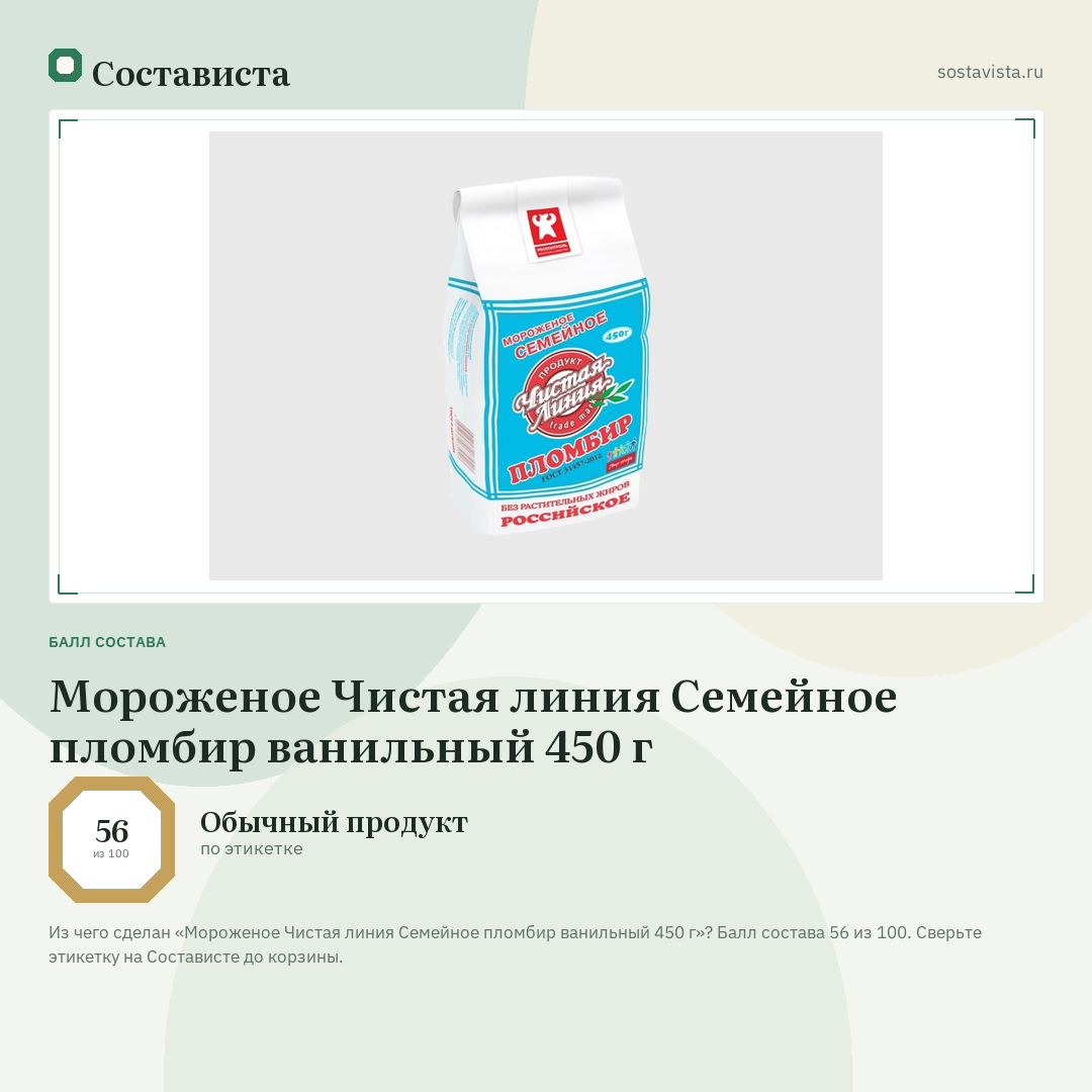 Мороженое Чистая линия Семейное пломбир ванильный 450 г: балл состава 56 из 100 — Состависта