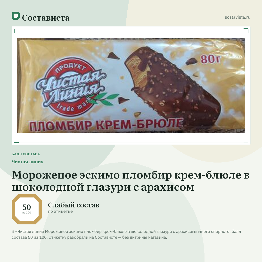 Чистая линия Мороженое эскимо пломбир крем-блюле в шоколодной глазури с арахисом: балл состава 50 из 100 — Состависта