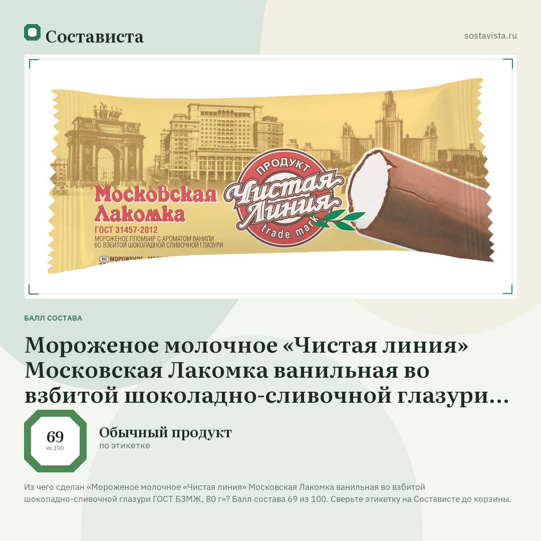 Мороженое молочное «Чистая линия» Московская Лакомка ванильная во взбитой шоколадно-сливочной глазури ГОСТ БЗМЖ, 80 г: балл состава 69 из 100 — Состависта