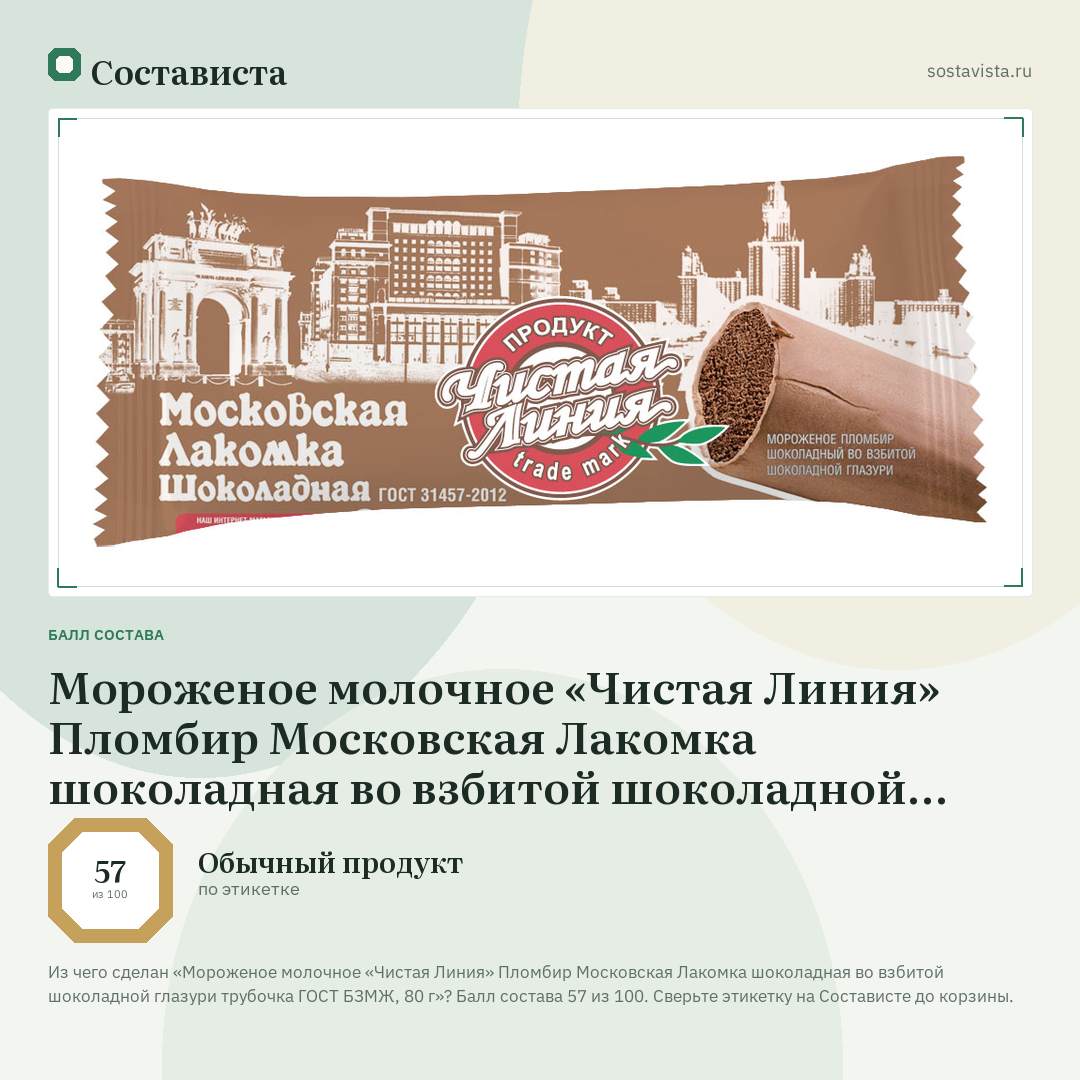 Мороженое молочное «Чистая Линия» Пломбир Московская Лакомка шоколадная во взбитой шоколадной глазури трубочка ГОСТ БЗМЖ, 80 г: балл состава 57 из 100 — Состависта